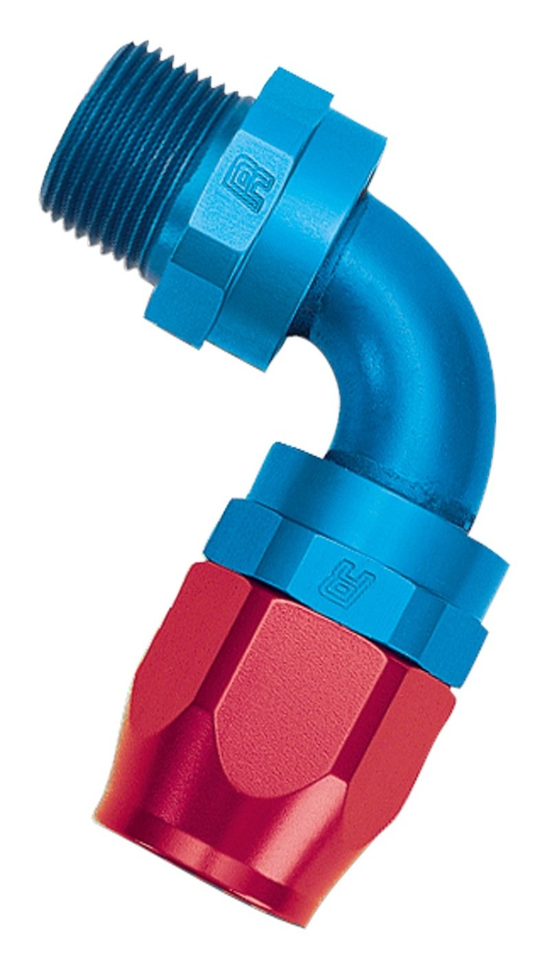 Russell Performance -12 AN Red/Blue 90 Deg Full Flow Swivel Pipe Thread Hose End (With 3/4in NPT) 612140 Main Image