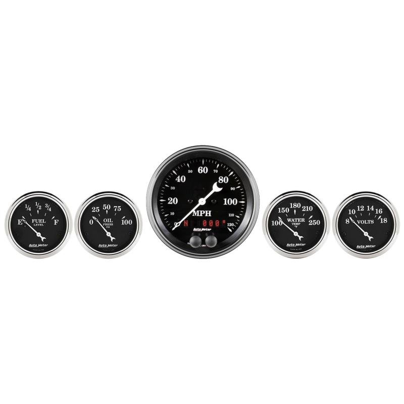 Auto Meter Gauge Kit 5 pc. 3 3/8in & 2 1/16in GPS Speedometer Old Tyme Black 1750 Main Image