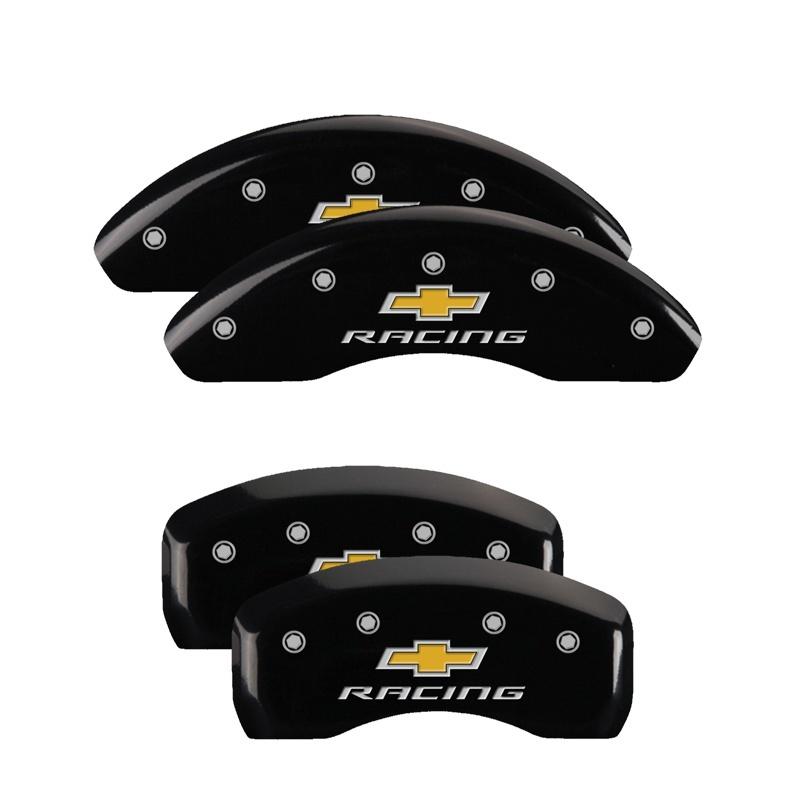 MGP 4 Caliper Covers Engraved Front & Rear Chevy racing Black finish silver ch 14050SBRCBK Main Image