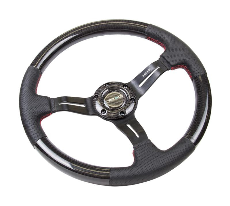 NRG Carbon Fiber Steering Wheel (350mm /1.5in. Deep) Leather Trim w/Red Stitch & Slit Cutout Spokes ST-010CFRS Main Image