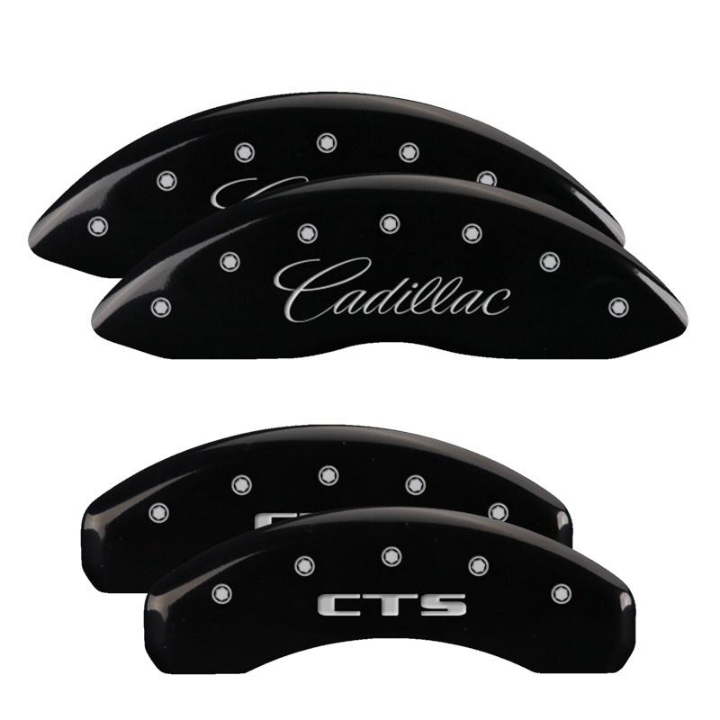 MGP 4 Caliper Covers Engraved Front & Rear Cursive/Cadillac Black finish silver ch 35002SCADBK Main Image