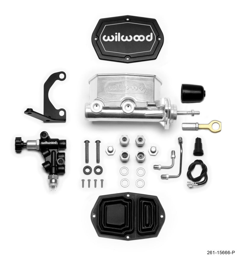 Wilwood Compact Tandem M/C - 1.12in Bore w/RH Bracket and Valve (Mustang Pushrod) - Ball Burnished 261-15666-P