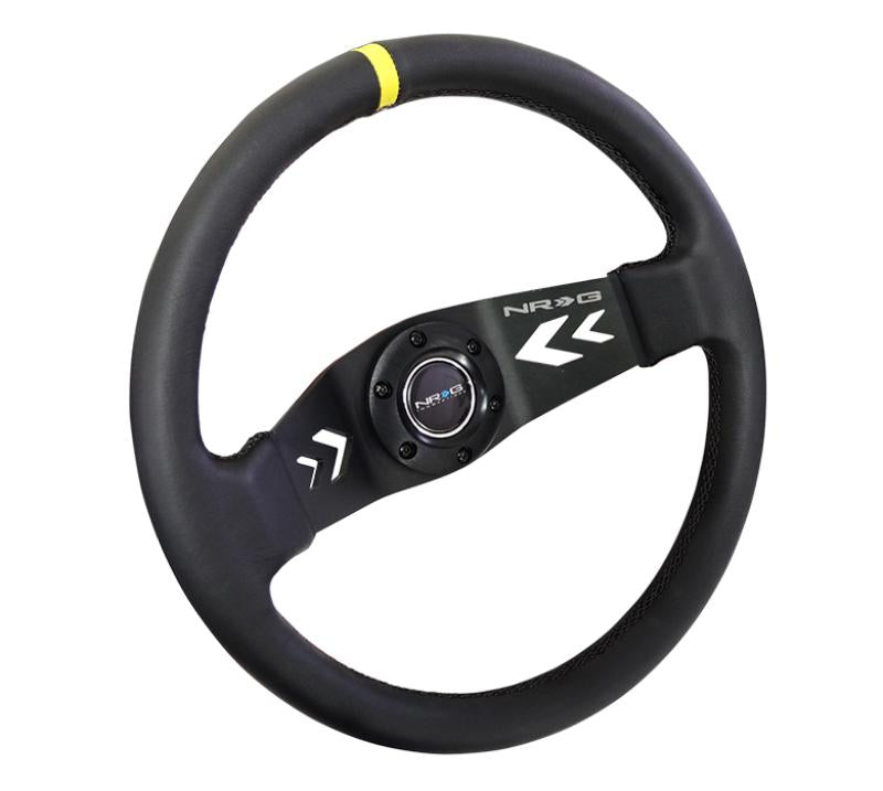 NRG Reinforced Steering Wheel (350mm / 3in Deep) Blk Leather w/NRG Arrow-Cut 2-Spoke & Sgl Yellow CM RST-022R-Y Main Image