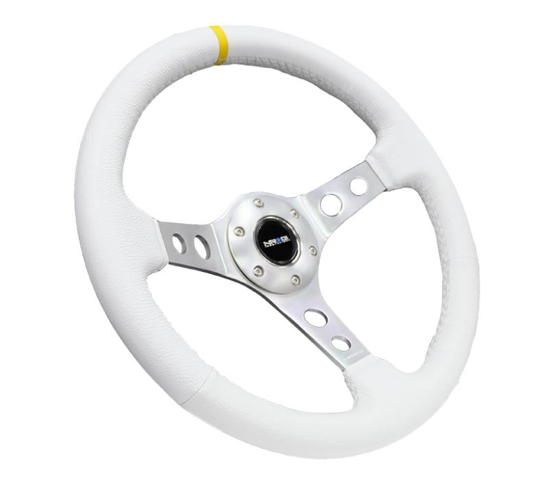 NRG Reinforced Steering Wheel (350mm / 3in. Deep) Wht Leather w/Silver Spoke & Single Yellow Mark RST-006WT-Y Main Image