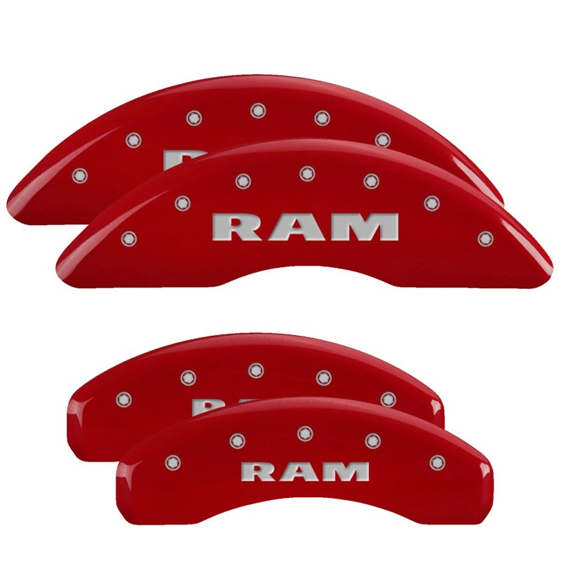 MGP 4 Caliper Covers Engraved Front & Rear 2019 Ram 1500 Red Finish Silver RAM Logo 55006SRAMRD