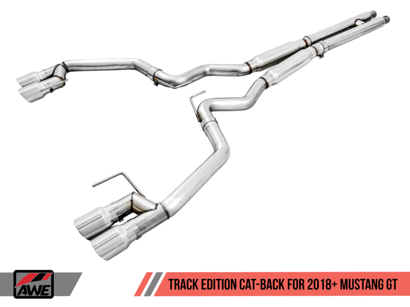 AWE Tuning 2018+ Ford Mustang GT (S550) Cat-back Exhaust - Track Edition (Quad Chrome Silver Tips) 3020-42064