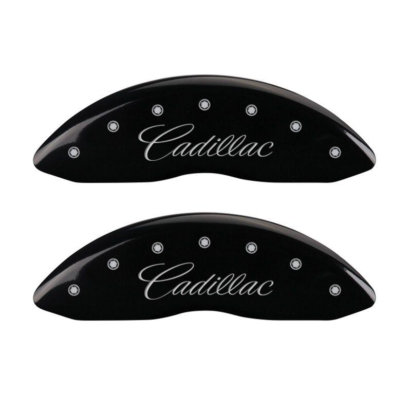 MGP 4 Caliper Covers Engraved Front & Rear Cursive/Cadillac Black finish silver ch 35015SCADBK Main Image