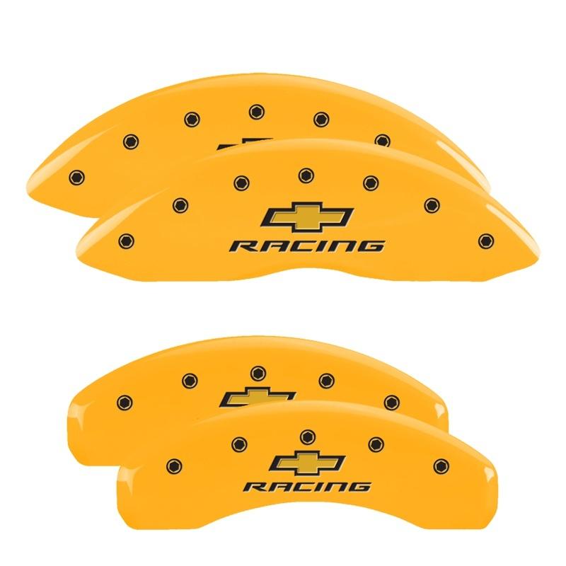 MGP 4 Caliper Covers Engraved Front & Rear Chevy racing Yellow finish black ch 14033SBRCYL Main Image