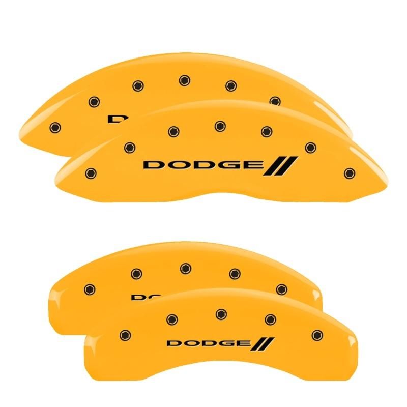 MGP 4 Caliper Covers Engraved Front & Rear With stripes/Dodge Yellow finish black ch 12088SDD3YL Main Image