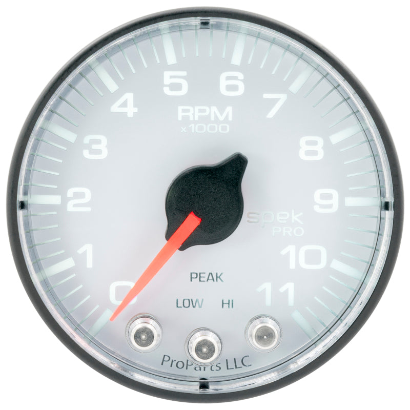 Autometer Spek-Pro Gauge Tach 2 1/16in 11K Rpm W/ Shift Light & Peak Mem Wht/Blk P336128