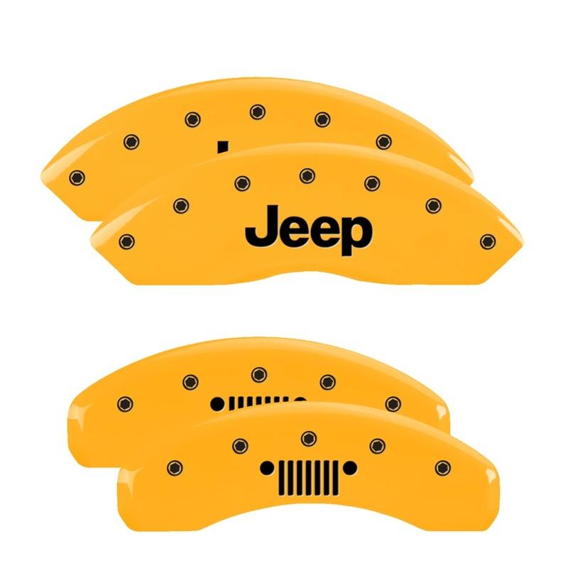 MGP 4 Caliper Covers Engraved Front Jeep Rear Grill Logo Yellow Finish Black Char 2004 Jeep Wrangler 42014SJPLYL Main Image