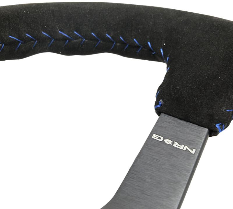 NRG Reinforced Steering Wheel (350mm / 3in. Deep) Blk Suede/Blue BBall Stitch w/5mm Matte Blk Spokes RST-036MB-S-BL Main Image