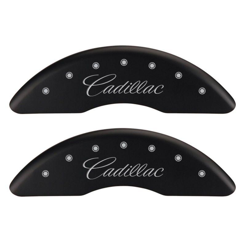 MGP 4 Caliper Covers Engraved F & R Cursive/Cadillac Black Finish Silver Char 2017 Cadillac CT6 35026SCADMB Main Image