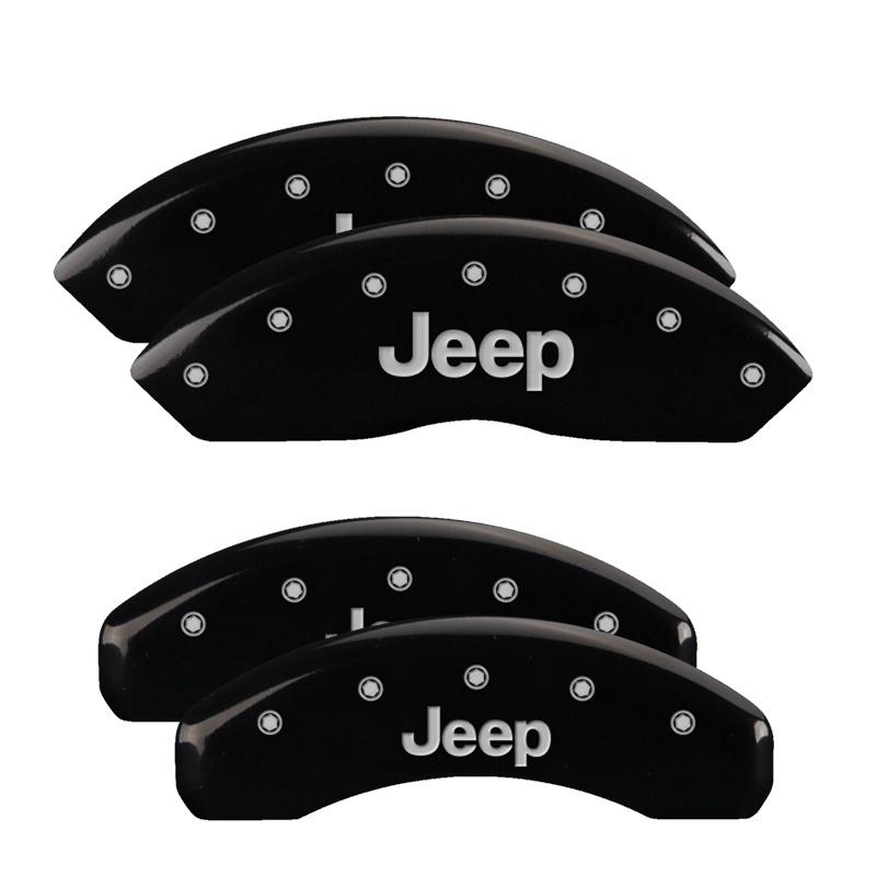 MGP 4 Caliper Covers Engraved Front & Rear Jeep Black Finish Silver Char 2018 Jeep Wrangler 42019SJEPBK Main Image