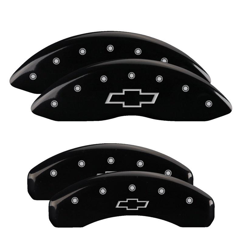 MGP 4 Caliper Covers Engraved F & R Bowtie Black Finish Silver Char 2019 Chevrolet Silverado 1500 14252SBOWBK Main Image