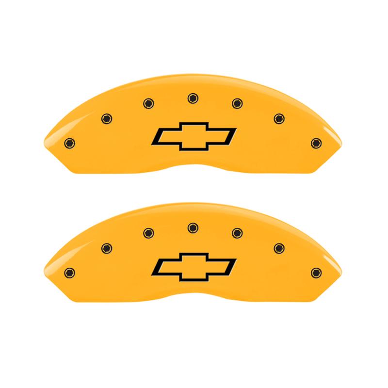 MGP 2 Caliper Covers Engraved Front Bowtie Yellow Finish Black Char 1997 Chevrolet C3500 14003FBOWYL Main Image