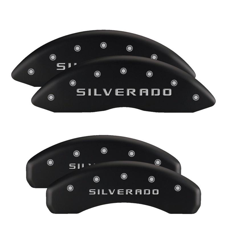 MGP 4 Caliper Covers Engraved Front & Rear Silverado Black Finish Sil Char 2019 Chevy Silverado 1500 14252SSILMB Main Image