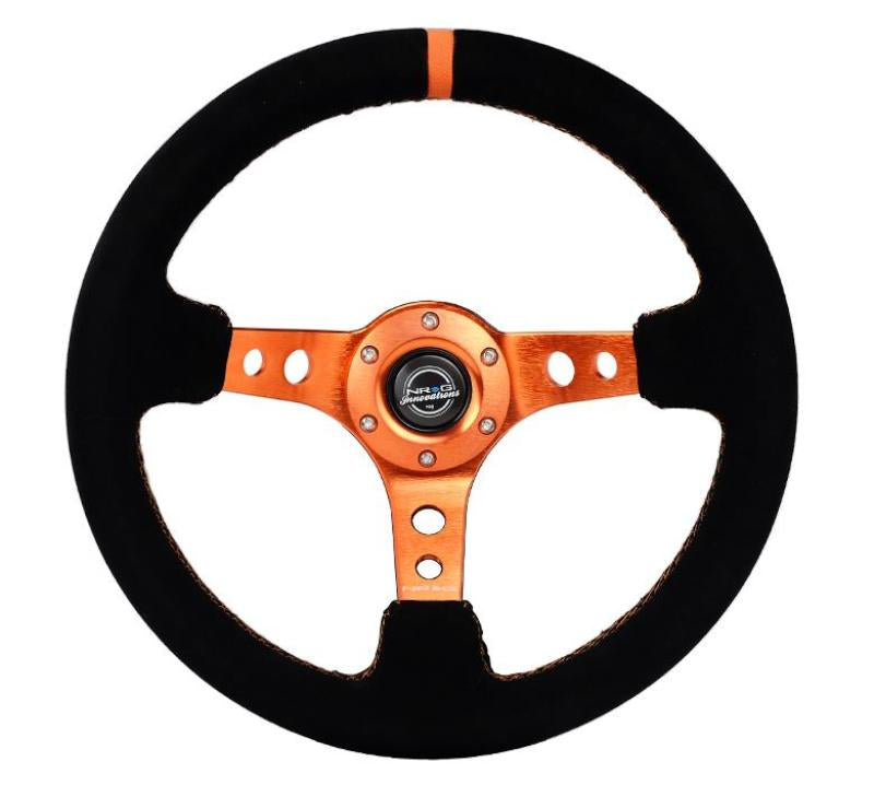 NRG Reinforced Steering Wheel (350mm/ 3in. Deep) Black Suede/ Orange Center Mark/ Orange Stitching RST-006S-OR