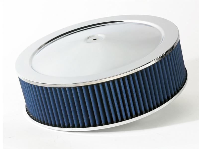 aFe MagnumFLOW Air Filters Round Racing P5R A/F Chrome Assy 14x4: Blk/Blue E/M 18-21402 Main Image