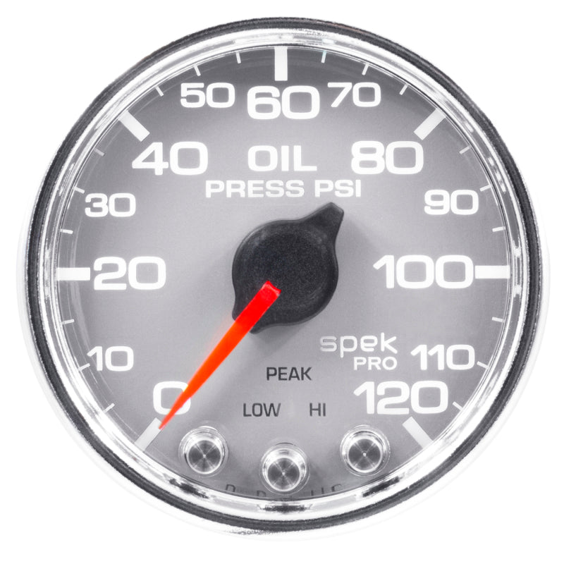 Autometer Spek-Pro Gauge Oil Press 2 1/16in 120psi Stepper Motor W/Peak & Warn Slvr/Chrm P32521