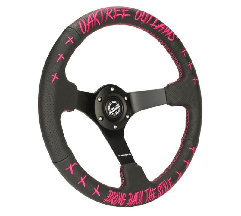 NRG Reinforced Steering Wheel - Oaktree Outlaw Collaboration Black Leather w/Neon Pink Finish RST-036MB-PK-OTOL