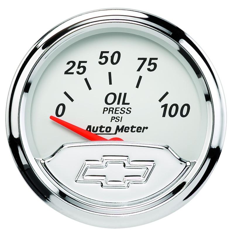 Autometer Chevy Vintage Bowtie 2-1/16in 0-100PSI Electronic Oil Pressure Gauge 1327-00408 Main Image