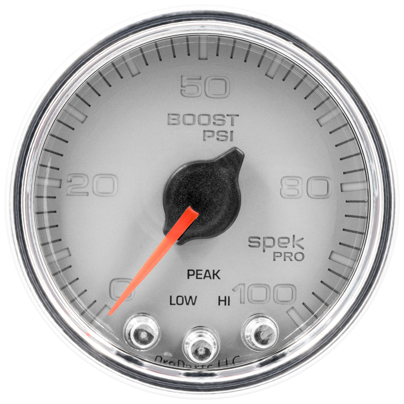 Autometer Spek-Pro Gauge Boost 2 1/16in 100psi Stepper Motor W/Peak & Warn Slvr/Chrm P30521