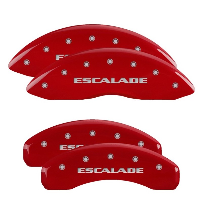 MGP 4 Caliper Covers Engraved Front & Rear 2021 Escalade Red finish silver ch 35029SESCRD