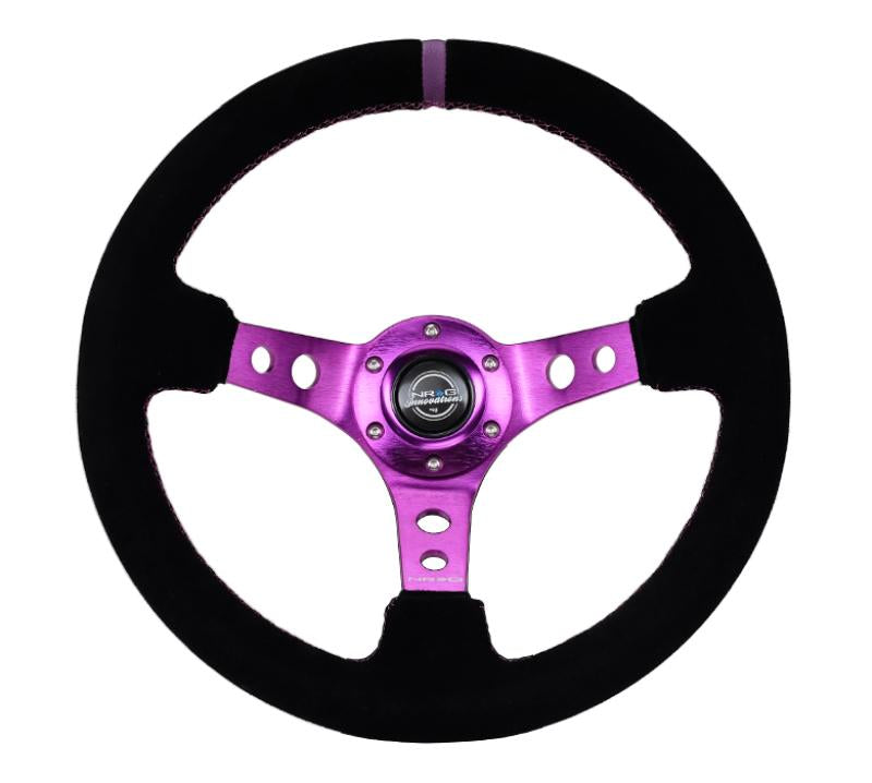 NRG Reinforced Steering Wheel (350mm / 3in. Deep) Black Suede w/Purple Center & Purple Stitching RST-006S-PP Main Image