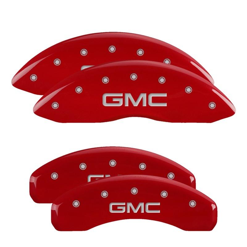 MGP 4 Caliper Covers Engraved Front & Rear GMC Red Finish Silver Char 2019 GMC Sierra 1500 34217SGMCRD Main Image