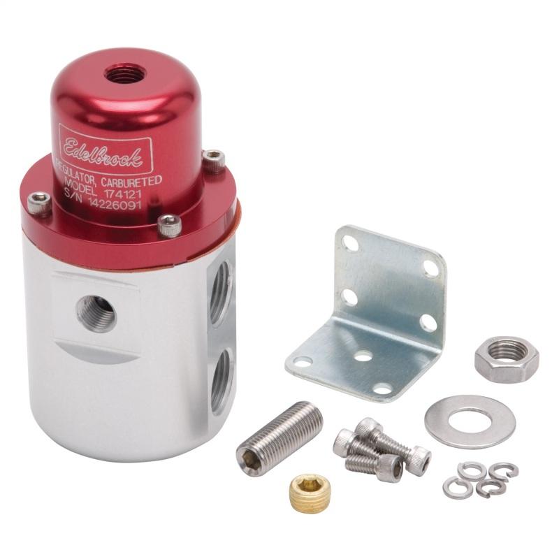 Edelbrock Fuel Pressure Regulator Carbureted 160 GPH 5-10 PSI 3/8In In/Out Retunless Red/Clear 174121 Main Image