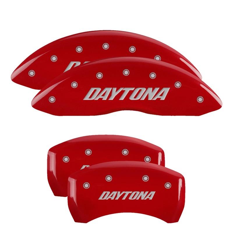 MGP 4 Caliper Covers Engraved Front & Rear Daytona Red finish silver ch 12001SDAYRD Main Image