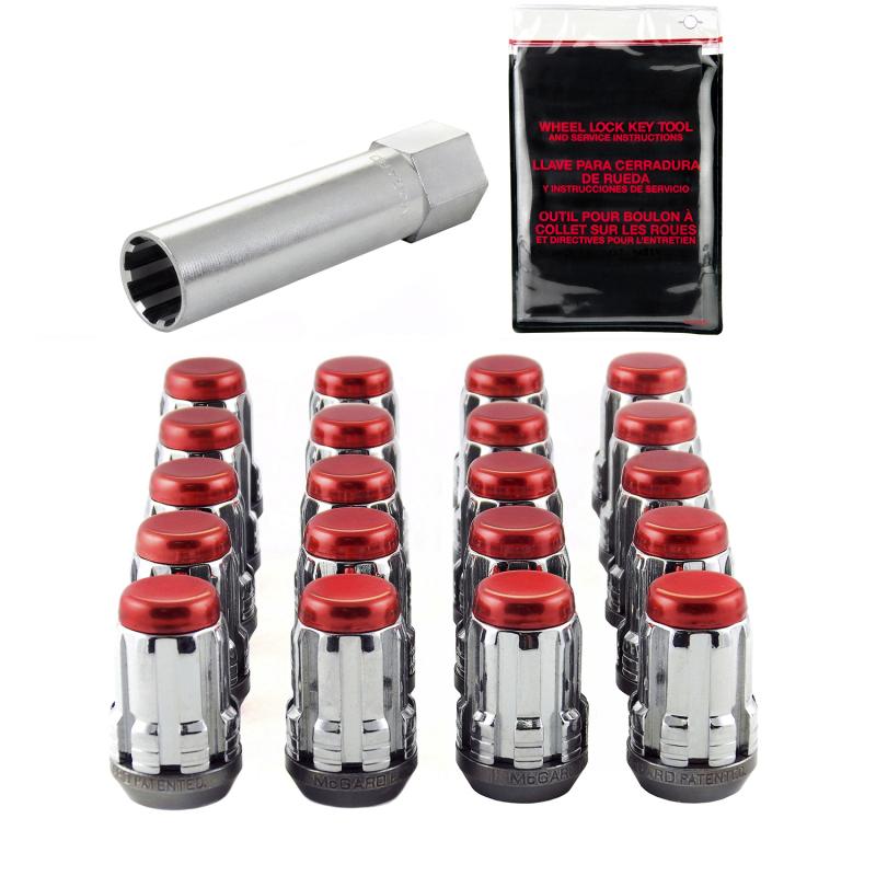 McGard SplineDrive Tuner 5 Lug Install Kit w/Tool (Cone) M12X1.25 / 13/16 Hex / 1.24in. L - Red Cap 65554RC Main Image