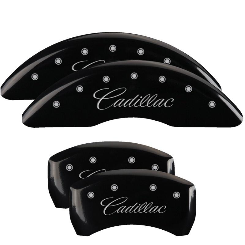 MGP 4 Caliper Covers Engraved Front & Rear Cursive/Cadillac Black finish silver ch 35008SCADBK Main Image