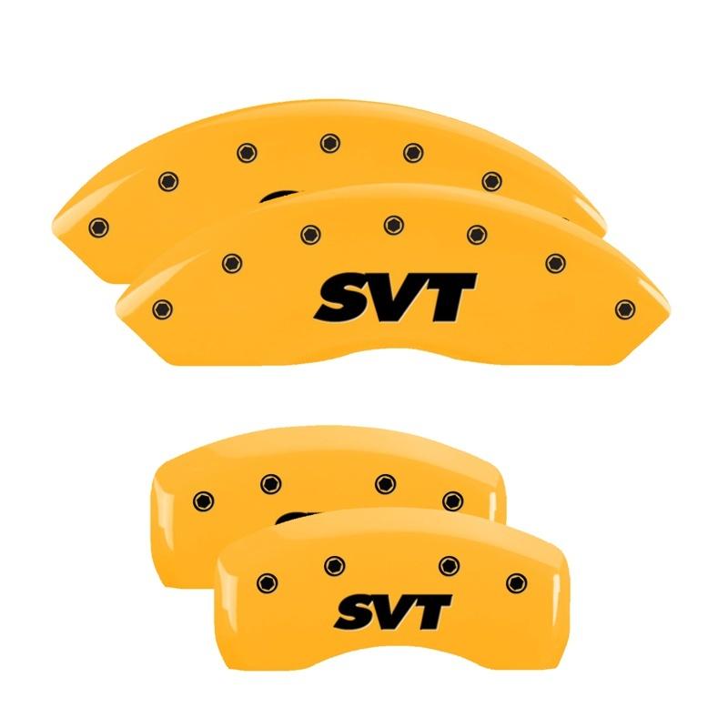 MGP 4 Caliper Covers Engraved Front & Rear SVT Yellow Finish Black Char 2003 Ford Mustang 10017SSVTYL Main Image