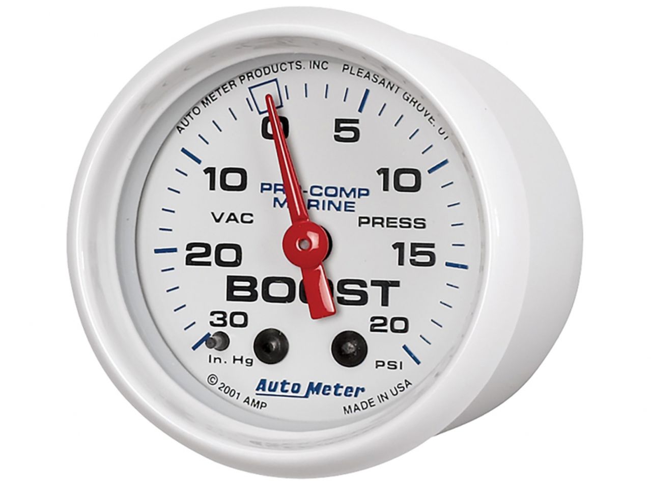 Autometer Gauge, Vac/Boost, 2 1/16", 30inHg-20Psi, Mechanical, Marine White