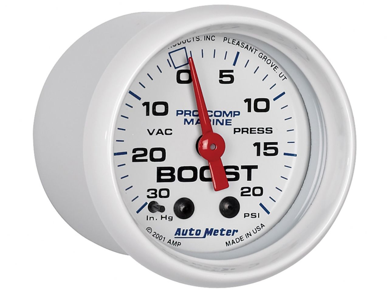 Autometer Gauge, Vac/Boost, 2 1/16", 30inHg-20Psi, Mechanical, Marine White