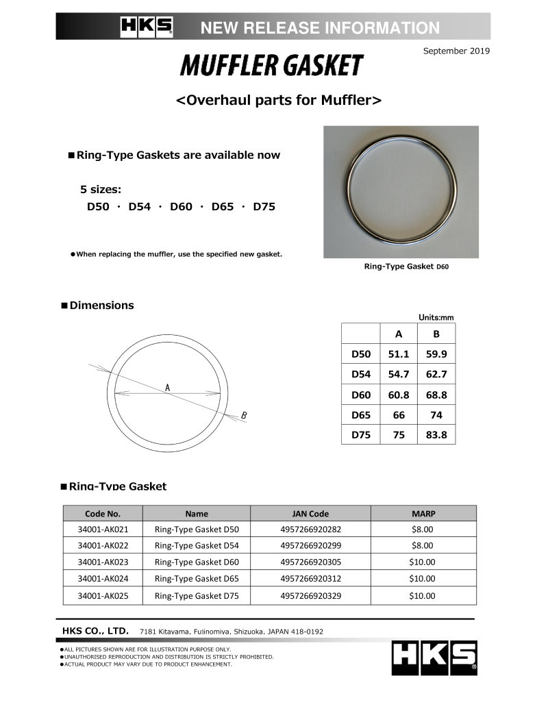 HKS Muffler Gasket 54.7mm ID 62.7mm OD 34001-AK022