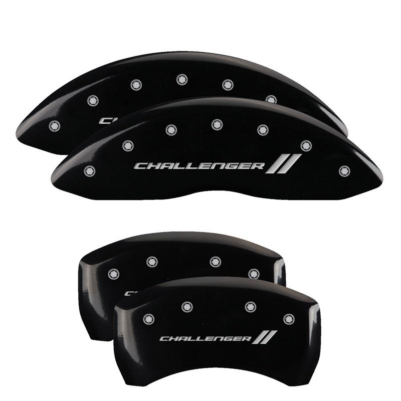 MGP 4 Caliper Covers Engraved Front & Rear With stripes/Dodge Black finish silver ch 12005SDD3BK Main Image