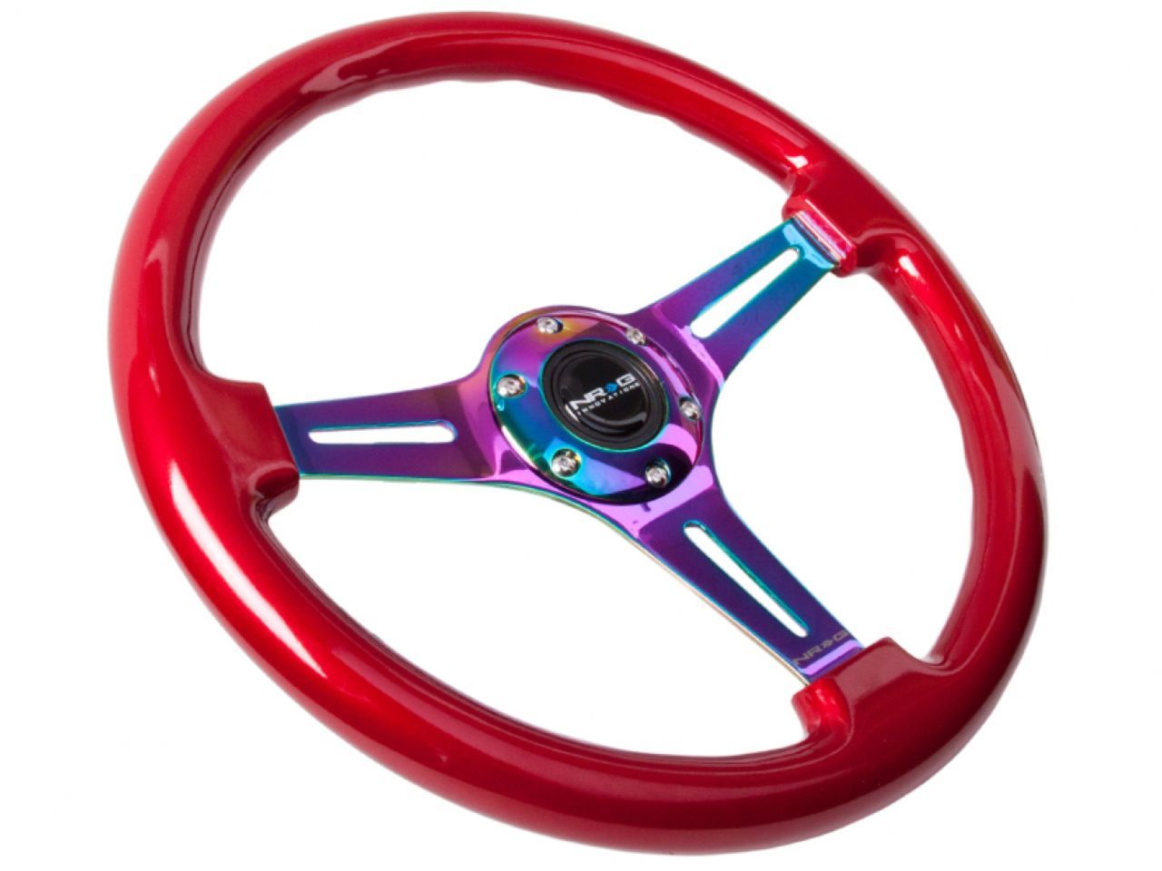 NRG Classic Wood Grain Wheel-350mm 3 Neochrome Spokes-Red Grip