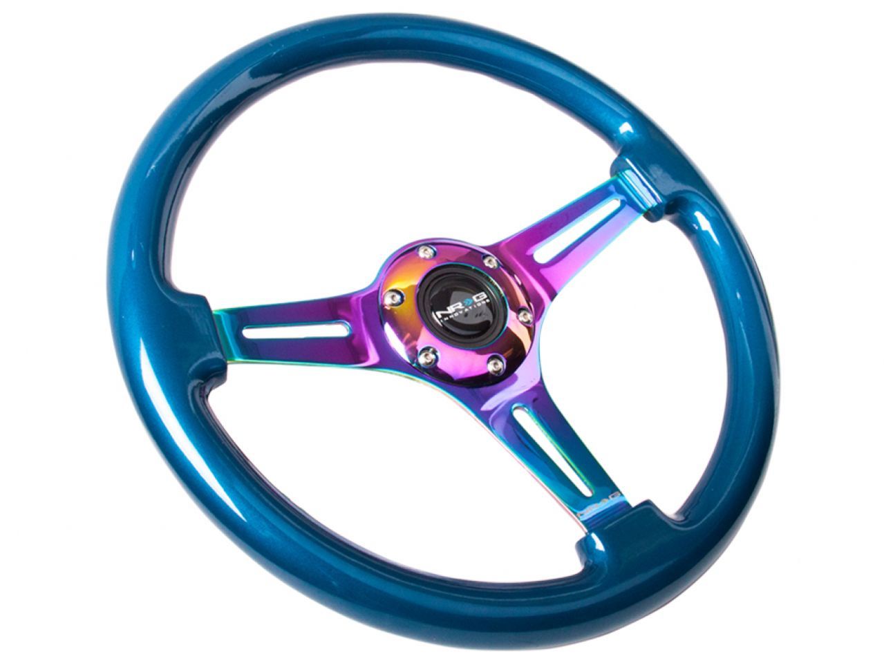 NRG Classic Wood Grain Wheel, 350mm 3 Neochrome Spokes,Blue Pearl/Flake