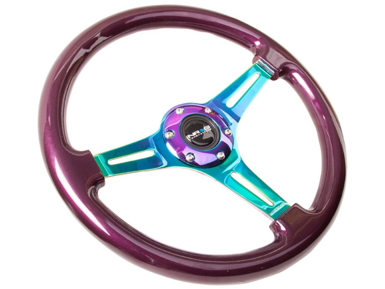 NRG Classic Wood Grain Wheel, 350mm 3 Neochrome Spokes, Purple Pearl Paint