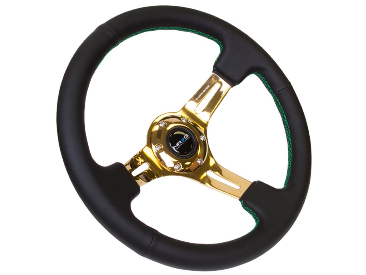 NRG Black Leather Steering Wheel (3" Deep), 350mm, 3 Spoke Center In Chrom