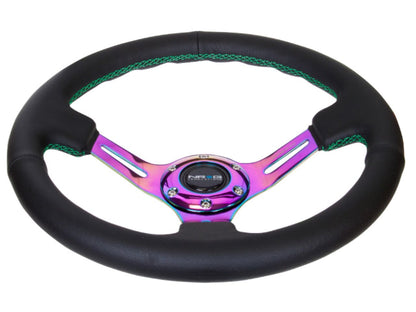NRG Black Leather Steering Wheel (3" Deep), 350mm, 3 Spoke Center