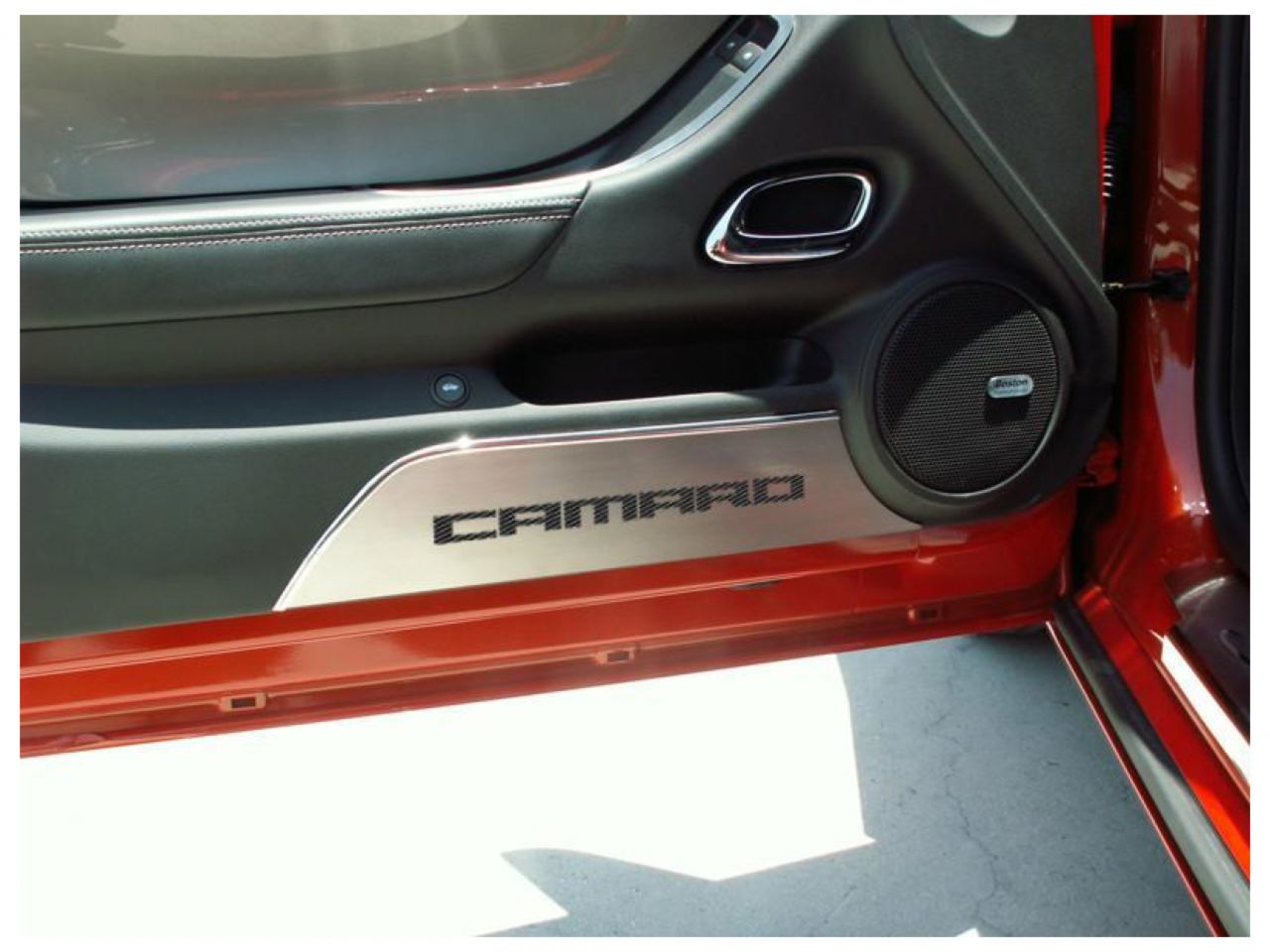 American Car Craft (ACC) Door Panel Insert;10-15 Camaro-Door Panel Kick Plates Brushed "Camaro"