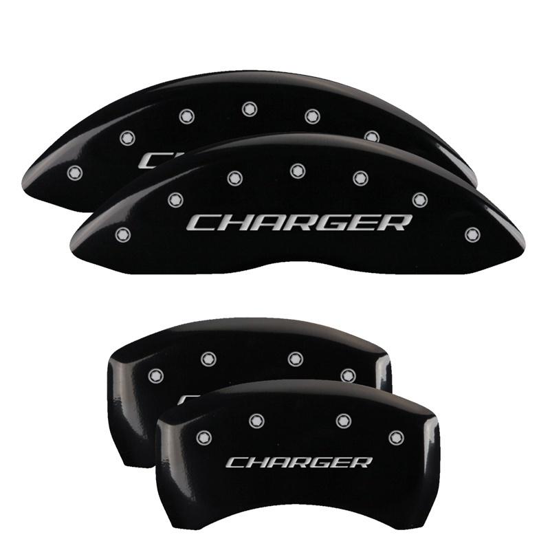 MGP 4 Caliper Covers Engraved Front & Rear Block/Charger Black finish silver ch 12005SCHBBK Main Image