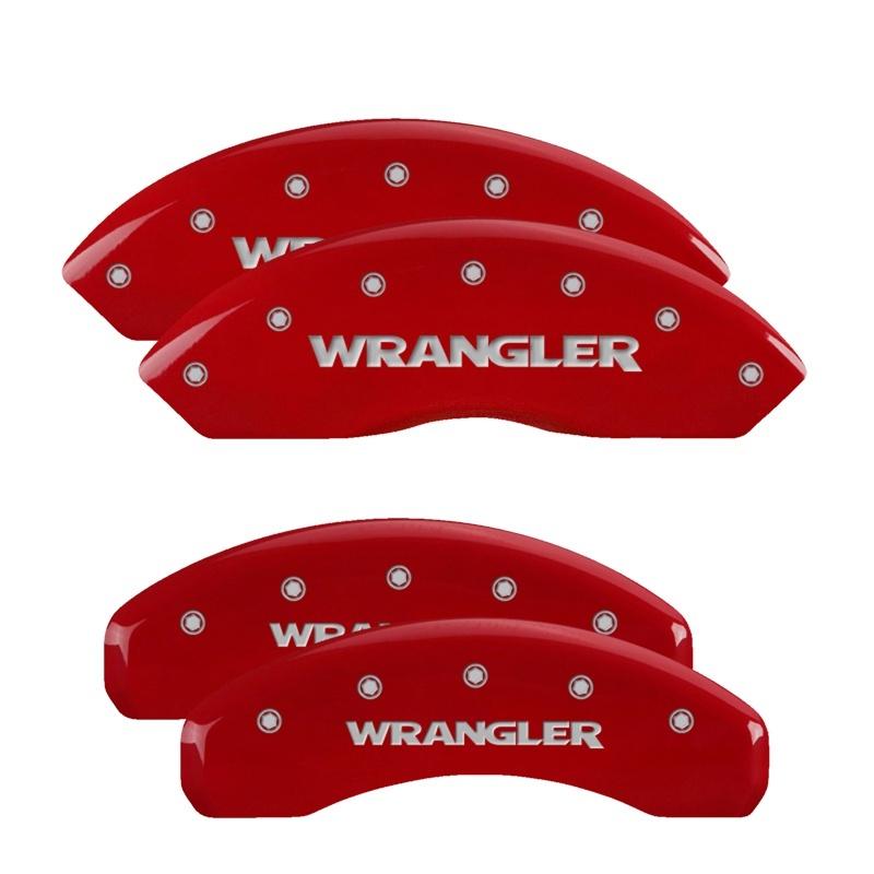 MGP 4 Caliper Covers Engraved Front & Rear 2018 Jeep Wrangler Red Finish Silver Wrangler Logo 42019SWRGRD Main Image