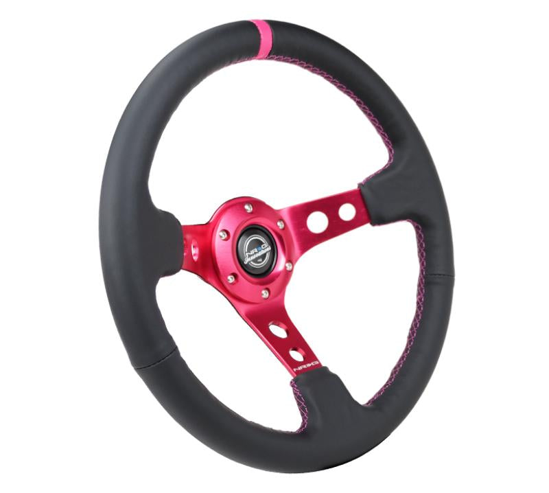 NRG Reinforced Steering Wheel (350mm/3in. Deep) Black Leather/ Fushia Center Mark/ Fushia Stitching RST-006FH Main Image