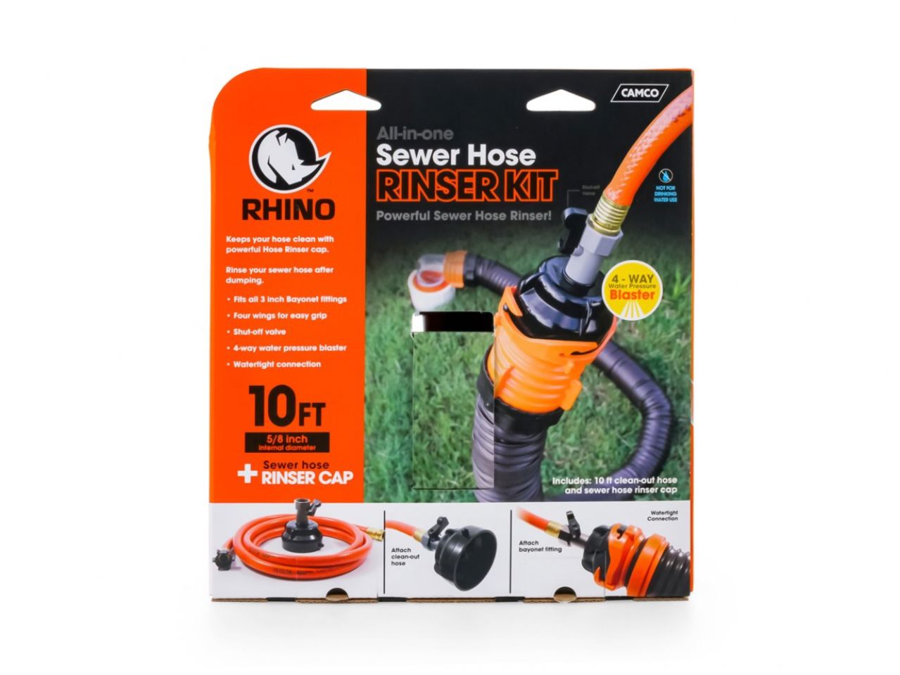 Camco RhinoFlex 10' Clean Out Hose W/ Rinser Cap