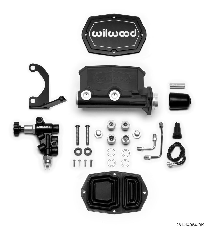 Wilwood Compact Tandem M/C - 1.12in Bore - w/Bracket and Valve - Black 261-14964-BK